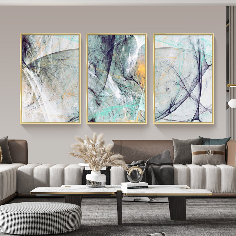 «Abstract Lines Wall Art», ensemble de 3 reproductions encadrées sur toile, Or, H 16,3 po x l 36,3 po x P 1,65 po