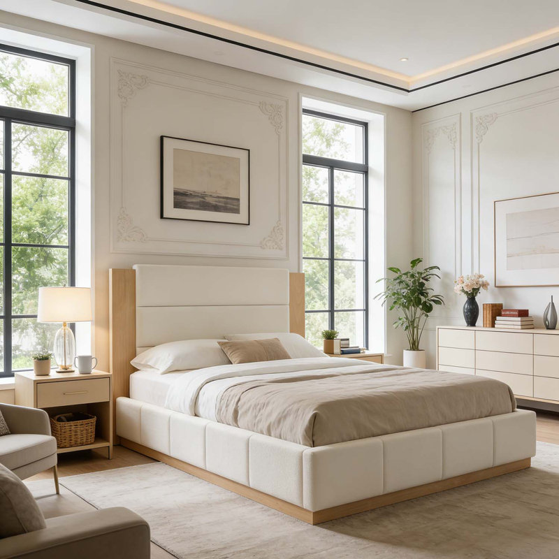 Lit plateforme tapissier moderne avec tête de lit en bois allongée, aucun sommier requis, Gris, Très grand lit