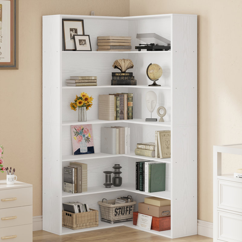 Corner Bookshelf With Baffles, 6 Tier Large Corner Shelf Storage Display Rack For Living Room Home Office, White