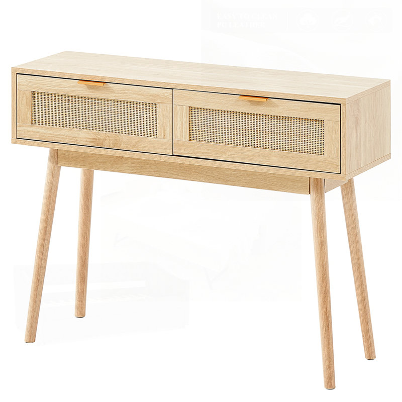 Rattan Console Table With 2 Storage Drawers, Natural Rattan Sliding Door, Ideal For Living Room, Study, And Entryway Decor