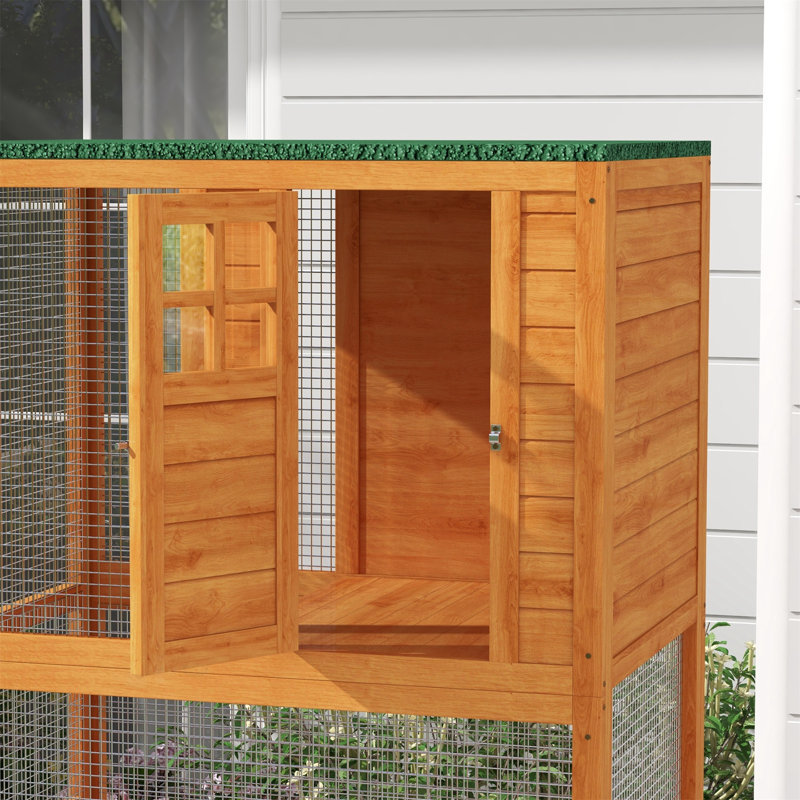 Maison de chat en bois 74 pouces avec toit et roues résistant aux intempéries, Catio spacieux pour plusieurs chats, durable et mobile