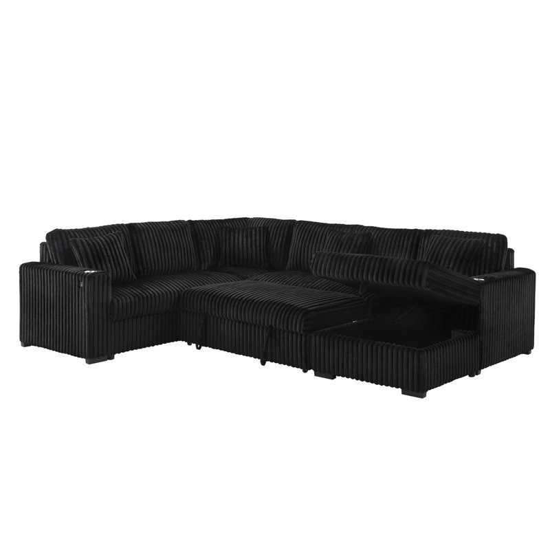 Canapé modulaire en U avec lit escamotable et méridienne de rangement en velours côtelé, Velours côtelé noir