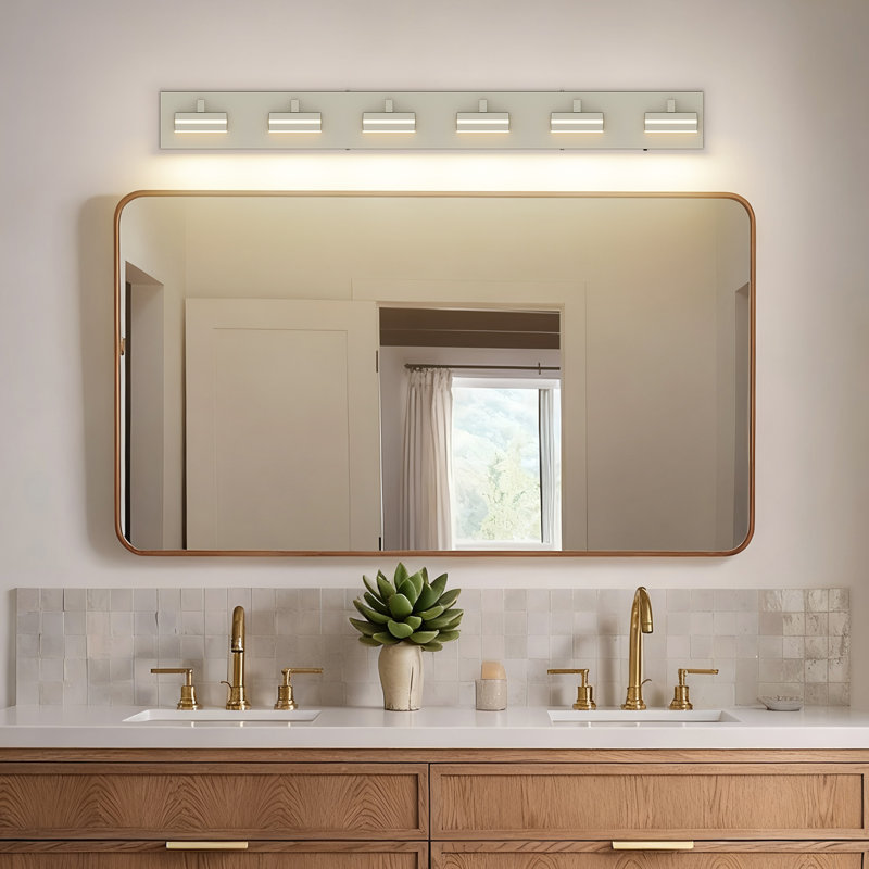 Luminaire de salle de bain moderne à DEL à intensité variable sur miroir 5CCT, Nickel brossé, Six lumières
