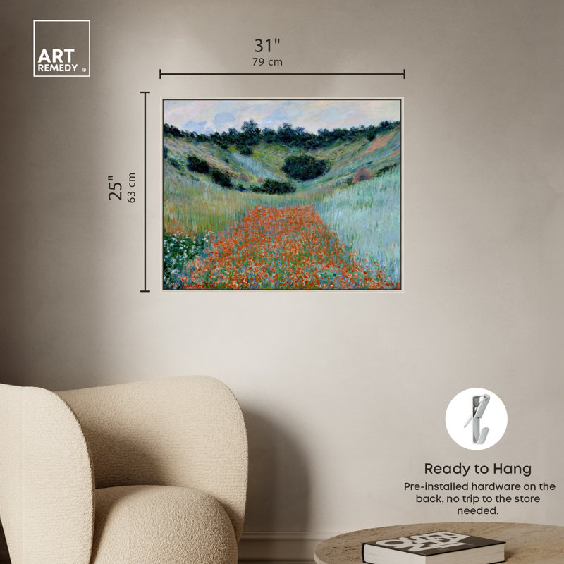 Art mural Monet, coquelicots dans un creux près de Giverny, Cadre argenté, H 25 po x l 31 po