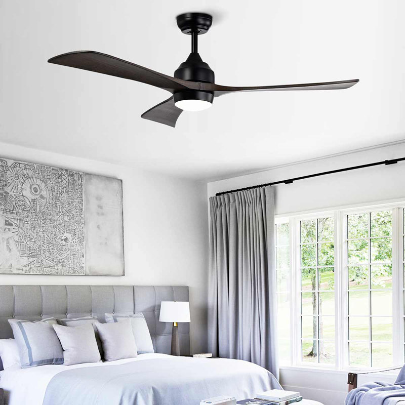 Ventilateur de plafond 52 po à pales en bois massif avec moteur et télécommande, Noir, Noir