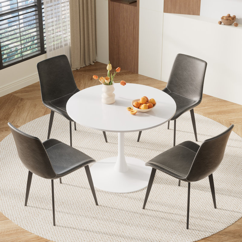 Petit ensemble de salle à manger à piédestal rond, 5 Pieces: Table, 4 Chairs, Grey, Blanc