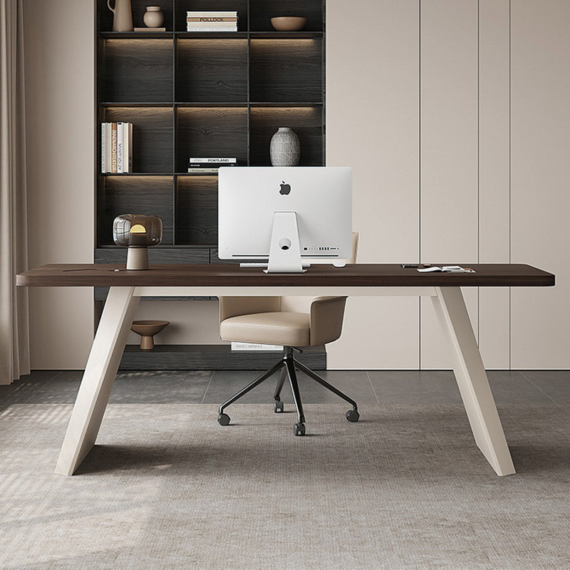 Nut-brown + Beige-white Rectangular Manufactured Wood desk, 29.53" H x 55.12" W x 27.56" D