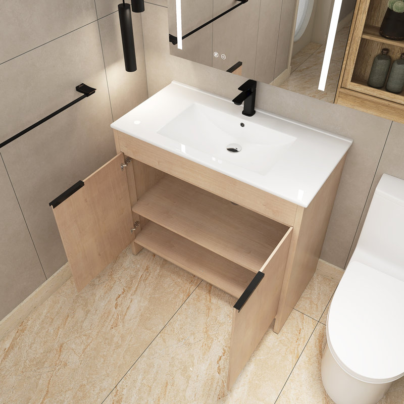 Navay 35.86'' Single Bathroom Vanity with Ceramic Top, Light Oak