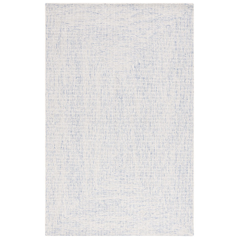 Tapis bleu / ivoire en laine et coton touffeté à la main Abstract, Rectangle 5 pi x 8 pi