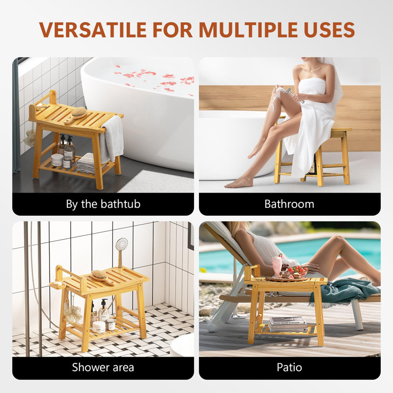 Banc de douche en bambou, tabouret de douche à 2 niveaux avec accoudoirs, banc de salle de bain robuste avec tablette de rangement et support de douche, naturel