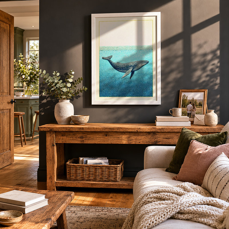 Whale in Open Water Coastal 1 Piece Single Picture Frame Wall Art, A2 - 59.4 x 42.0 cm, White