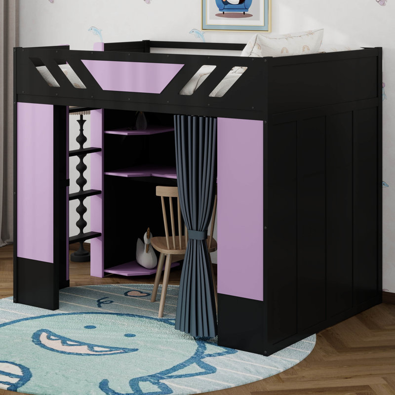 Full Size Wood Loft Bed With Built-In Workstation, Smart Storage, RGB Lighting & Blackout Curtains, Black+Purple