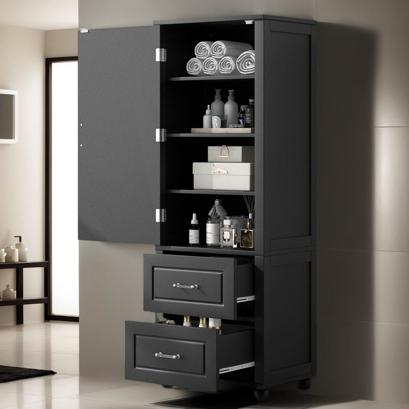 Armoire de rangement de 61,4 po de hauteur, armoire de rangement autoportante avec deux tiroirs et tablette réglable, panneau de fibres à densité moyenne avec finition peinte, noir