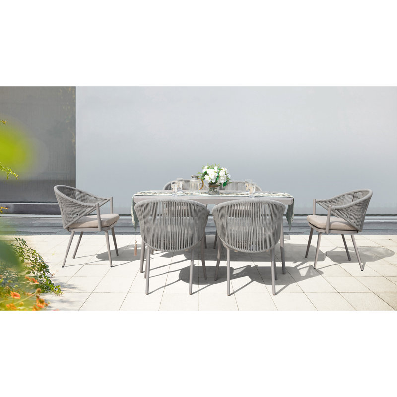 7-piece Aluminum Outdoor Dining Set, 1 Dining Table And 6 Woven Rope Chairs With Seat Cushions, Beige