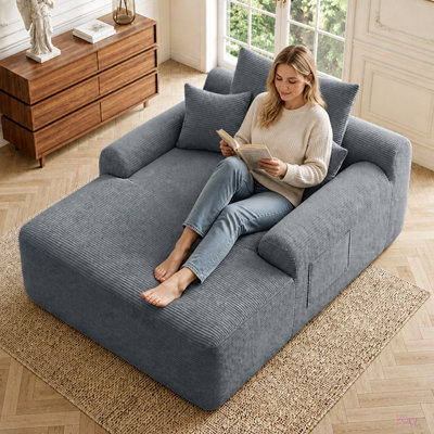 Convertible Chaise Lounge Chair Plush with Wide Armrest & Throw Pillows, Cozy Boneless Sleeper Sofa Bed Armchair, for Living Room, Bedroom, No Assembly Required, Corduroy
