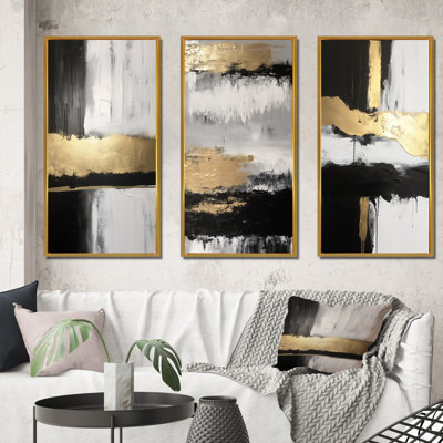 Ensemble de 3 toiles horizontales dorées horizontales et noires - Dimensions horizontales abstraites dorées noires III