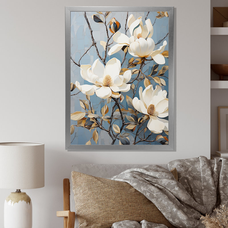 «Elegant White and Blue Magnolias Tranquility IV», reproduction sur toile, Cadre simple argenté, H 32 po x l 24 po x P 1 po