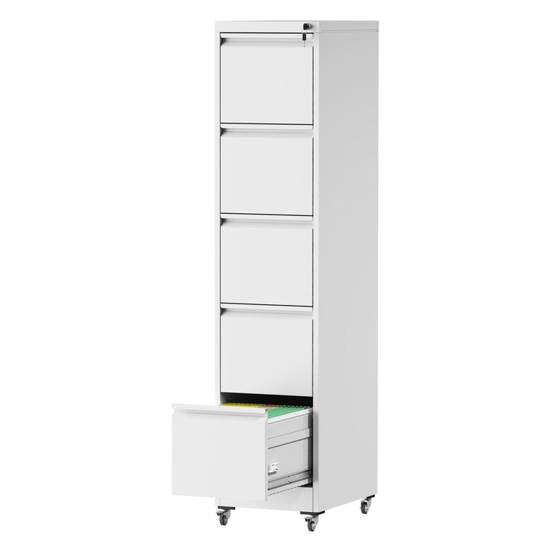 Vertical File Cabinet With 5 Drawers On Wheels, Metal Storage For A4/letter/legal Size Documents, White, 17.71"d*15.55"w*62.32"h, Lockable Smooth Coating Finish Papers, Surface