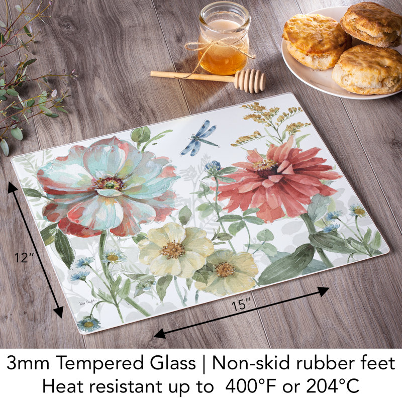 Spring Meadow Floral Tempered Glass Cutting Board 15" x 12"
