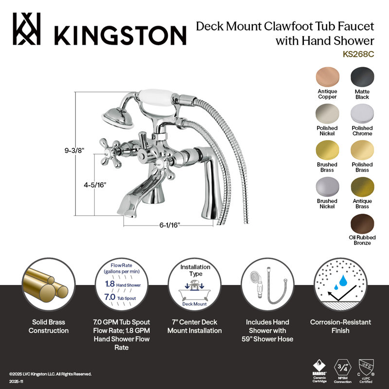 Robinet de baignoire sur pattes à 3 poignées et 2 poignées à fixation sur le comptoir avec douche à main Kingston Brass Kingston