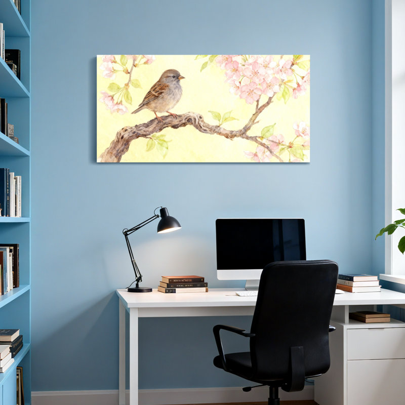 Animaux, oiseaux, perchés sur une branche de fleur, scène de printemps, H 28 po x l 58 po