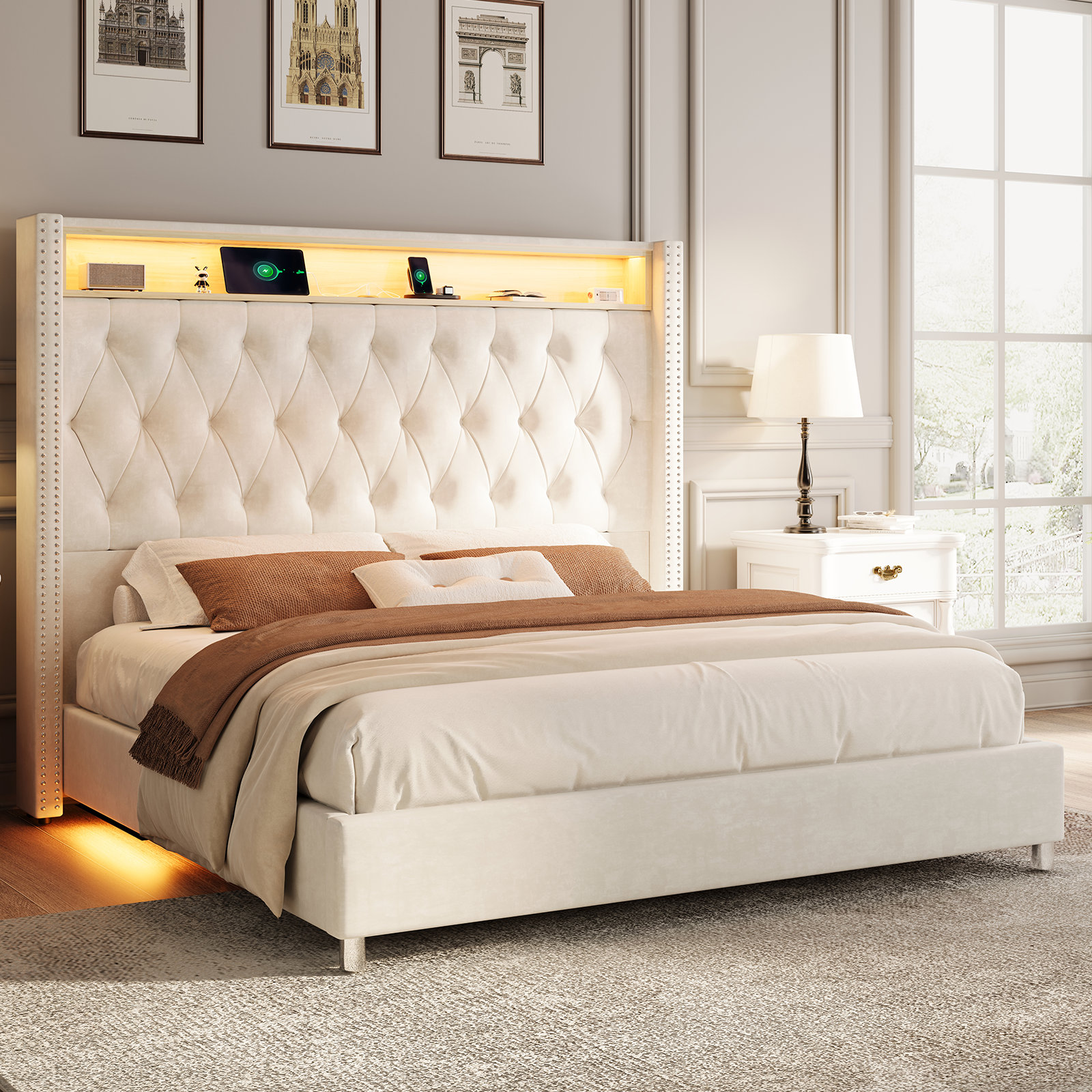 Sikaic Twin Velvet Princess LED Bed with Drawers Pink, image size:1600x1600