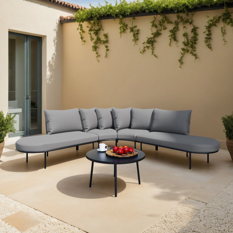 Ensemble de conversation 5 pièces avec canapé demi-lune pour l'extérieur, Gris