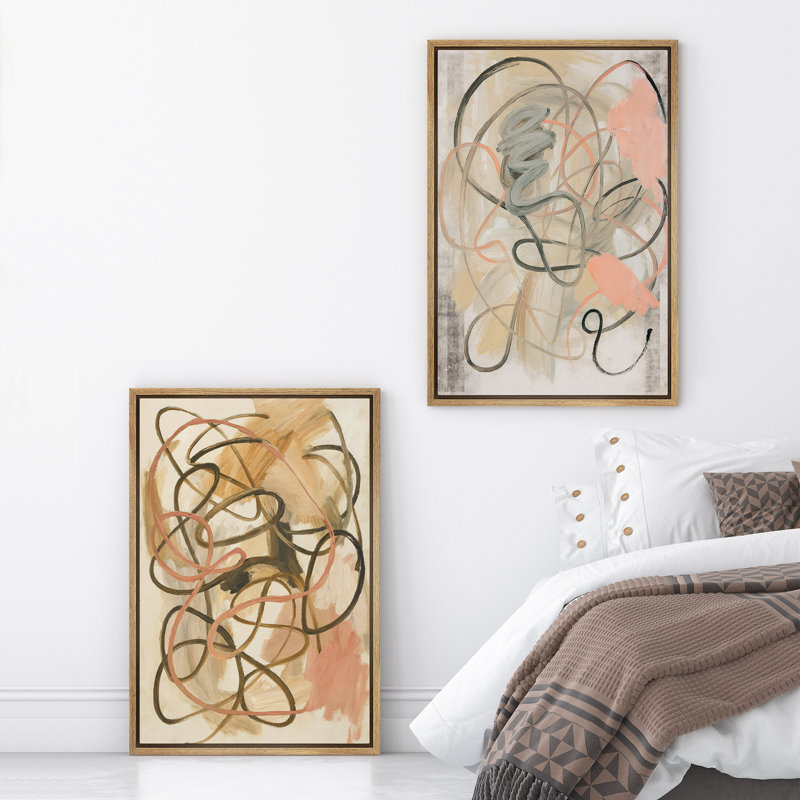 Art mural abstrait, ensemble de 2 reproductions d'art encadrées sur toile, Naturel, H 24 po x l 32 po