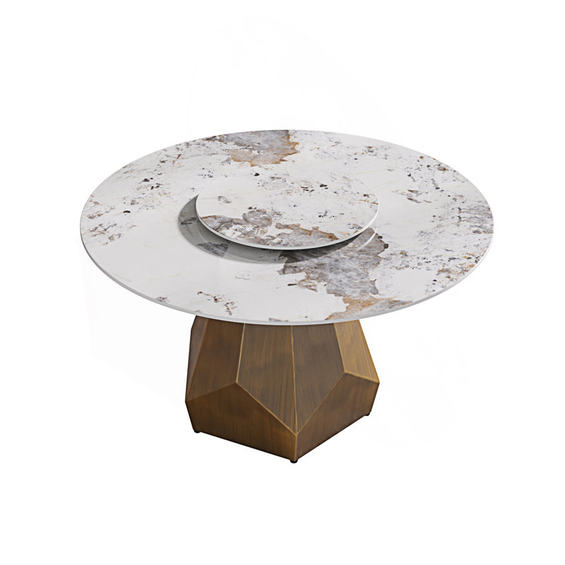Table de salle à manger 53 po ronde en marbre artificiel avec base en métal et plateau tournant