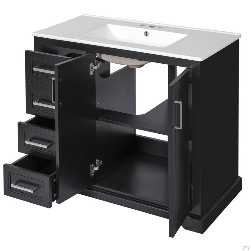 Meuble-lavabo moderne 36 po avec lavabo en céramique, porte à fermeture douce, tablette réglable et 3 tiroirs, Noir