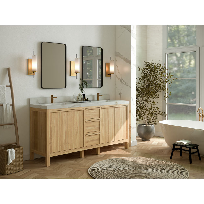 72'' Light Natural Teak Double Sink Bathroom Vanity with Quartz Top