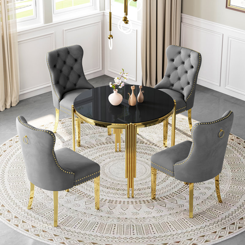 37"Modern Glass Dining Table Set, Irregular Stainless Steel Table Legs And Velvet Tufted Backrest Chairs, Black, Gold