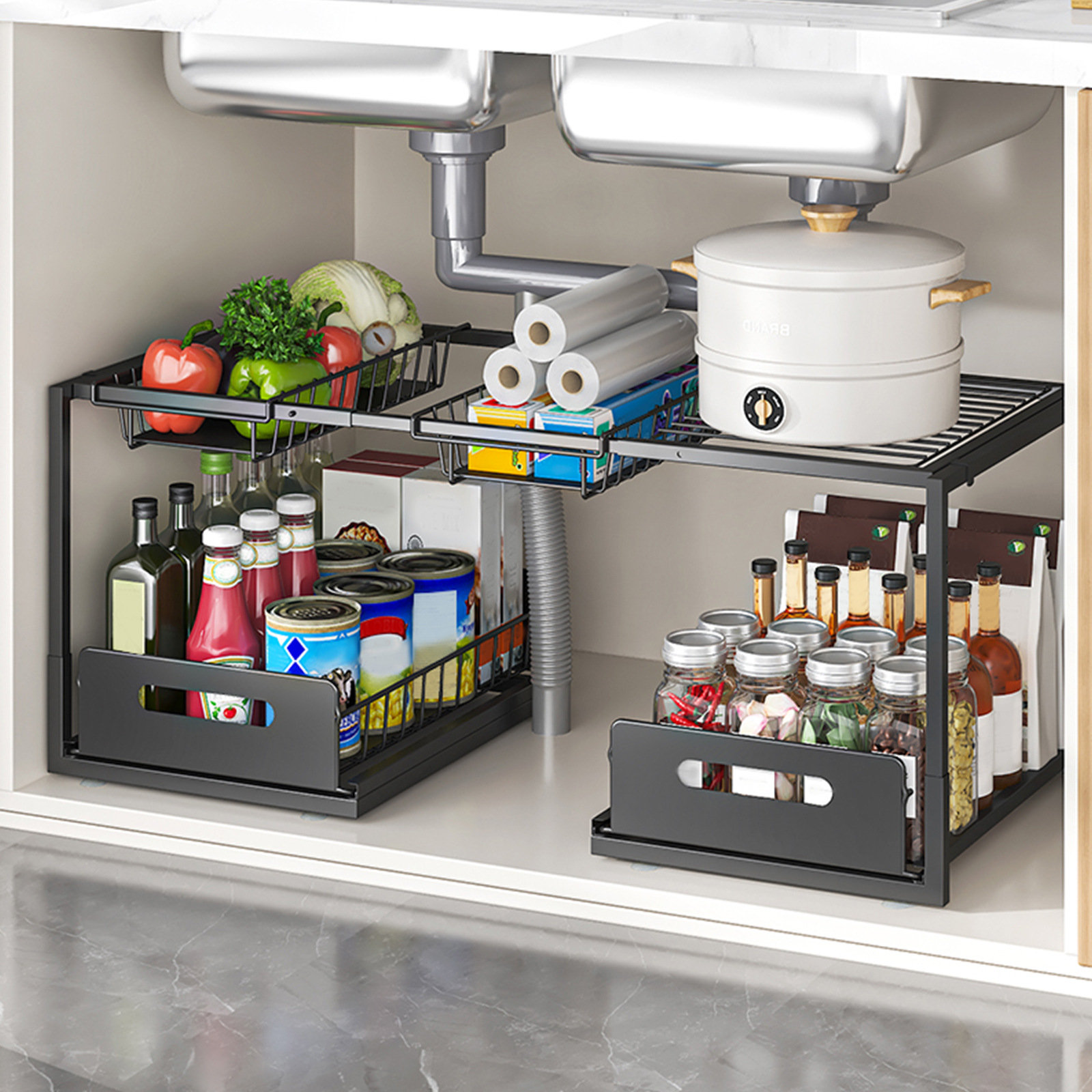 17 Stories Expandable Under Sink Organizer With Slide-Out Drawers For ...