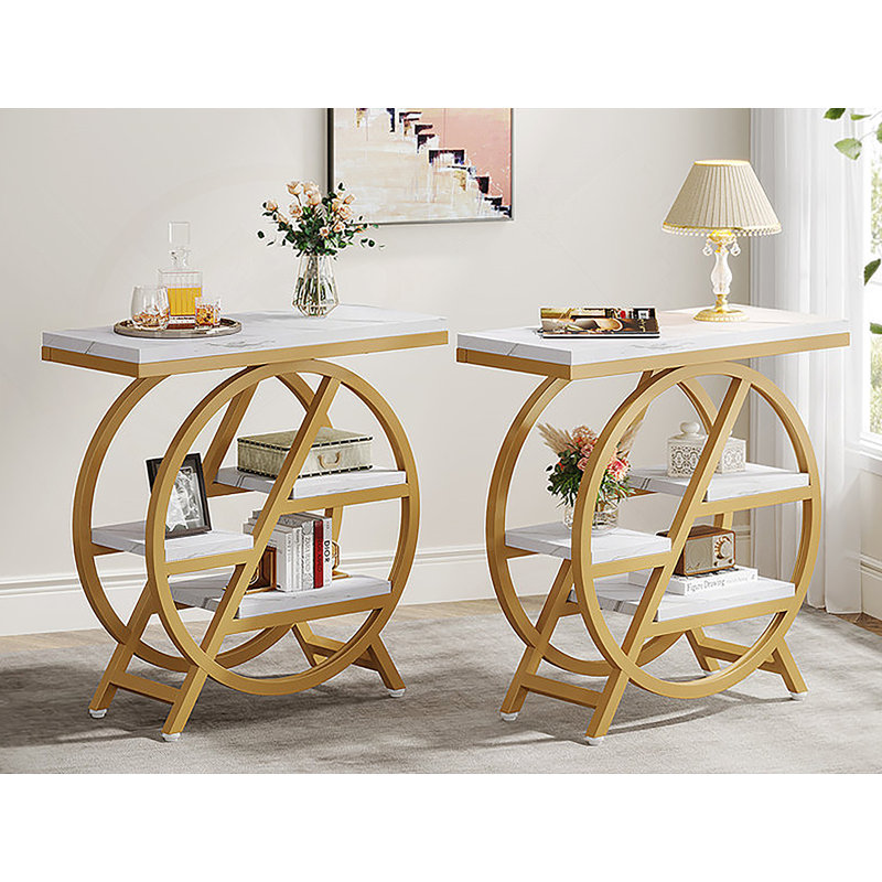 Table de bout moderne à 3 niveaux en faux marbre moderne avec rangement, structure en métal doré pour petits espaces et décor contemporain