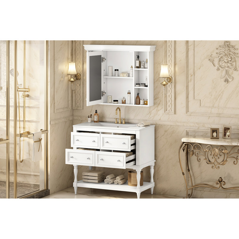 Ensemble de meuble-lavabo et d'armoire à pharmacie 36 po, structure en bois massif, 4 tiroirs, tablette supplémentaire de haute qualité, lavabo en céramique avec armoire, peinture imperméable, poignée argentée,