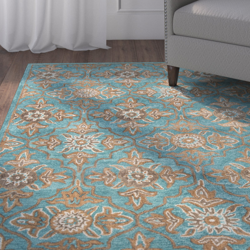 Tapis vert / beige / taupe en laine touffeté à la main Cranmore Flora, Rectangle 4 pi x 6 pi