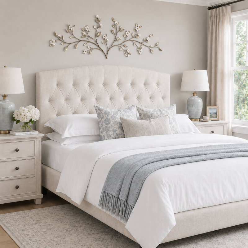 King Camelback Diamond Tufted Upholstered Panel Headboard, King, Off-White