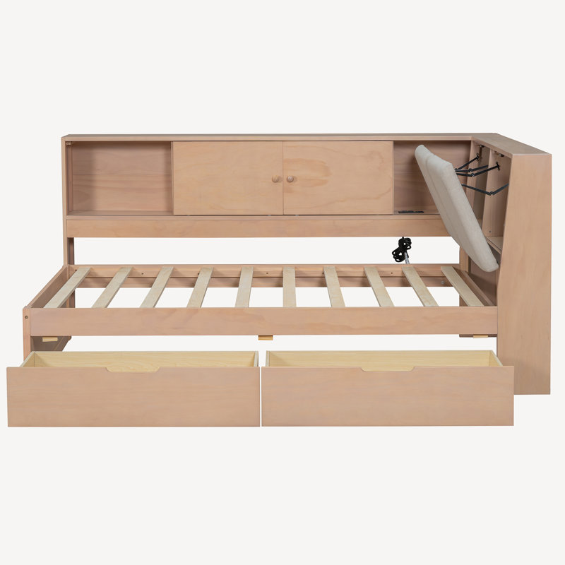 Wooden L-shaped Daybed Corner Bed with 2 Drawers, Storage Bookcase, Upholstered Headboard and USB Charging Ports, Natural