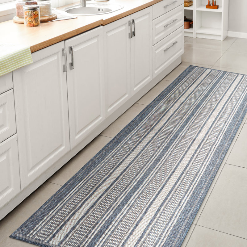 Cincotta Modern Double Stripe Blue/Light Gray Indoor/Outdoor Rug, Runner 2' x 8'
