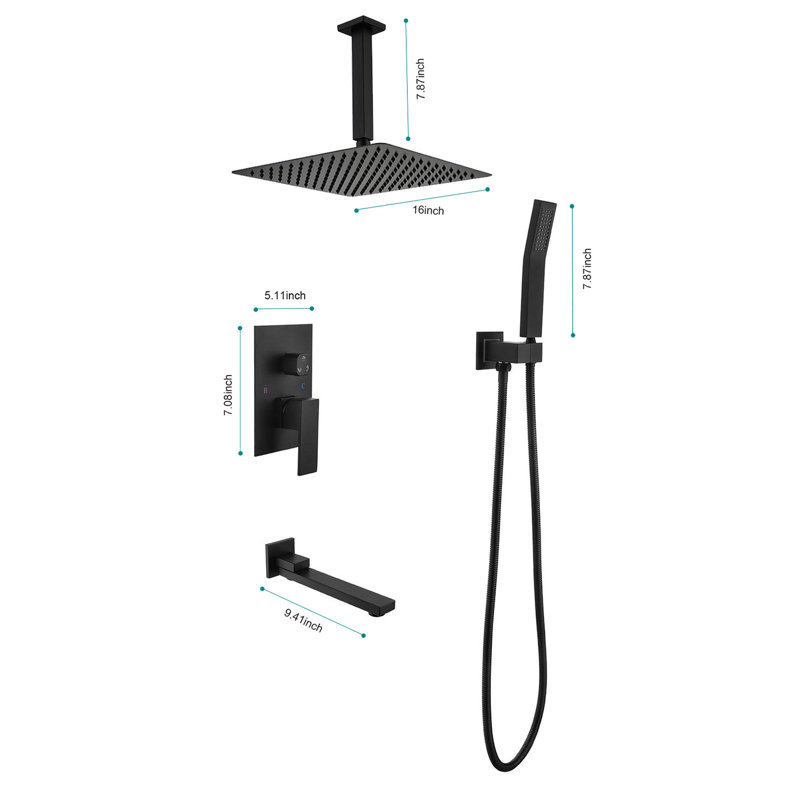 Ceiling Mounted 16" Shower Head Kit - Matte Black, Superior Brass & Stainless Steel, Enhanced Flow, Enjoyable Bathing, Self-Cleaning Nozzle, All-Inclusive Package With Mounting Equipment System