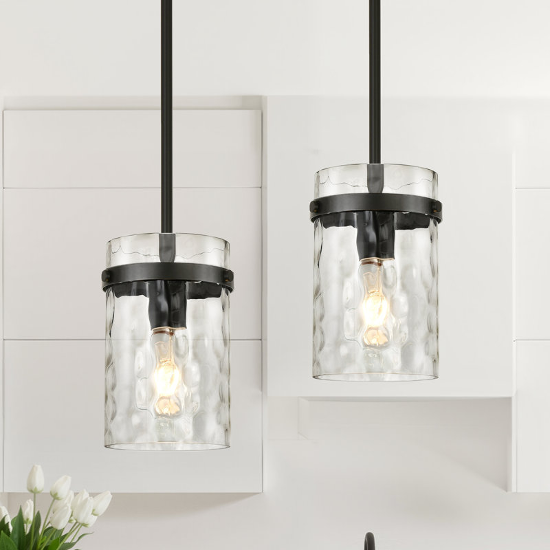 Levona 1-Light Medium 5.1" Cylinder Hammered Glass Kitchen Island Pendant, Adjustable Height (Set of 2), Matte Black