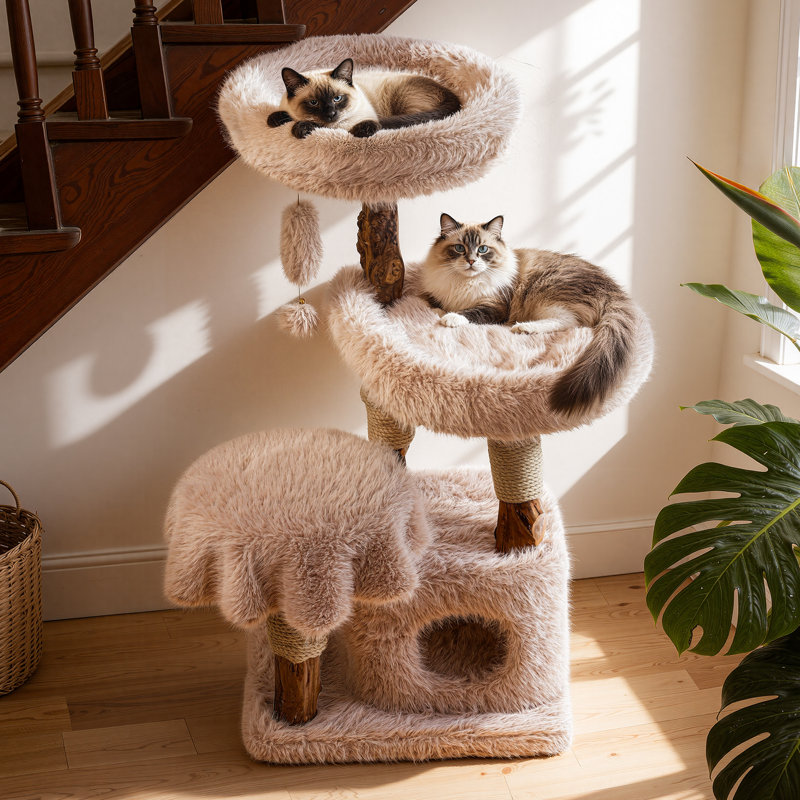 47.6''H Solid Wood Cat Tree With Condo & Perch For Maine Coons & Multi-Cat Homes, Cat Tower