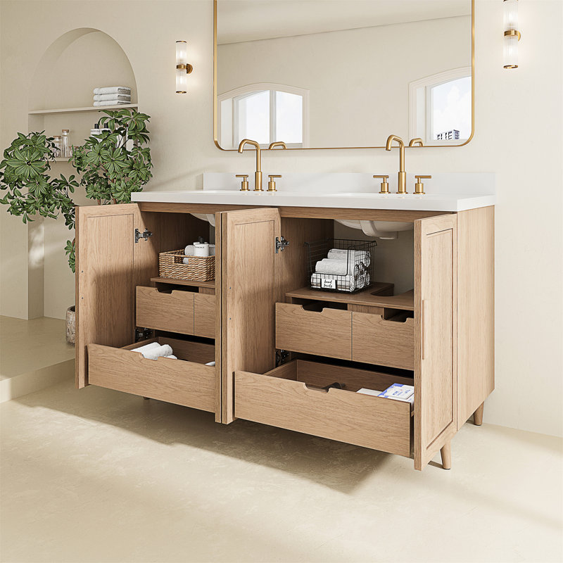 Meuble-lavabo sur pied à un lavabo avec dessus en bois massif et marbre de Carrare