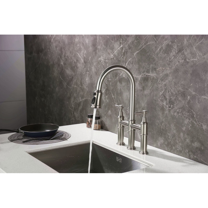 Robinet de cuisine Bridge avec douchette extractible encastrée, Nickel brossé