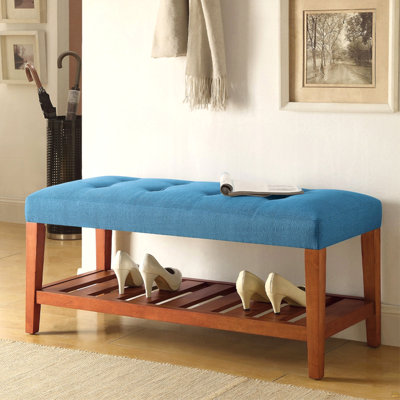 Banc rembourré bleu avec placage de chêne et coussin pratique de style traditionnel