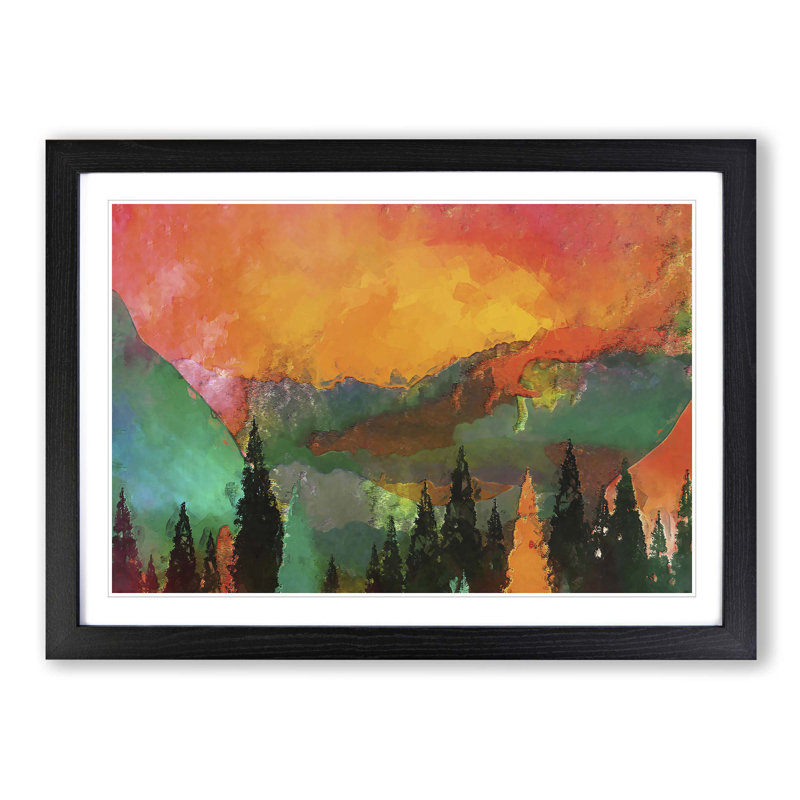 Trees at the Foot of a Setting Sun in Abstract - Picture Frame Painting Print on MDF, 35cm H x 50cm W x 2cm D, Black