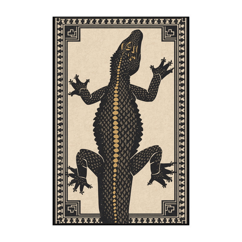 Machine Washable Ozgur Komodo Dragon Global Inspired Block Print Rug in Beige – Black Binding, 5 x 8