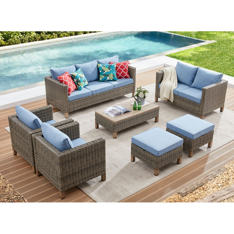 Ensemble de conversation modulaire avec coussins 7 pièces Duponta, Bleu