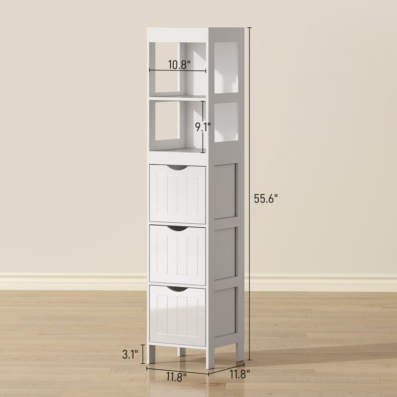 Narrow Bathroom Storage Cabinet, Bathroom Cabinet With 3 Drawers & 2 Open Shelves, Slim Bathroom Floor Cabinet, White