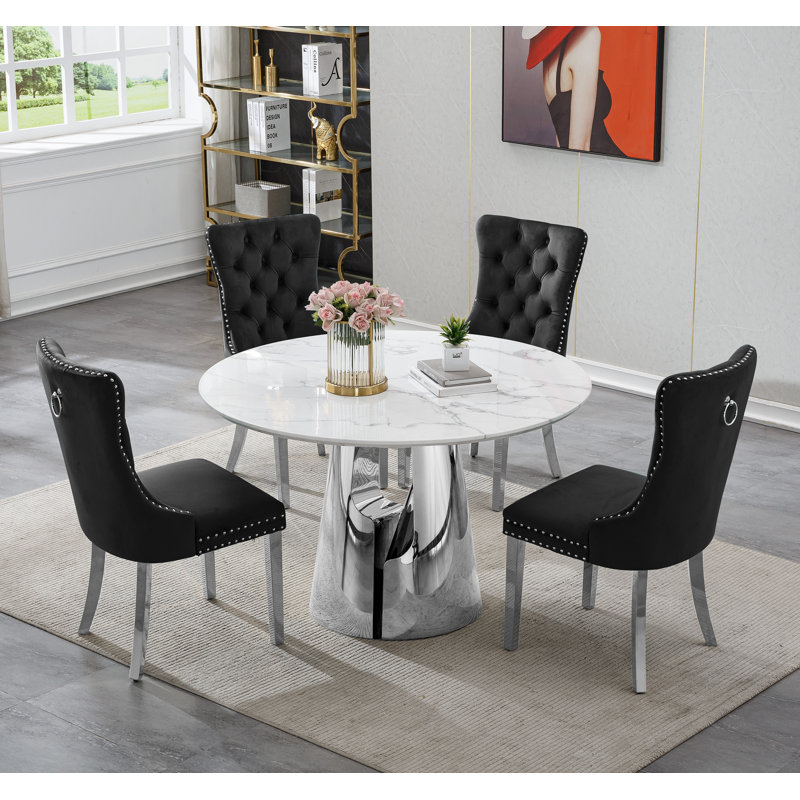 Dining Table Set, 45" Round Marble Dining Table with Velvet Dining Chairs, Circle Kitchen Table Set with Base, Dining Room Table and Chairs Set